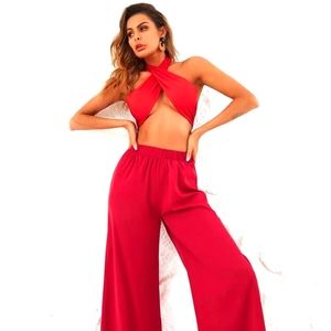 Red two-piece jumpsuit
